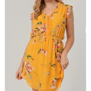 Daniel Rainn Yellow Ruffle Sleeve V Neck Elastic Waist Dress Floral Plus Size 1X